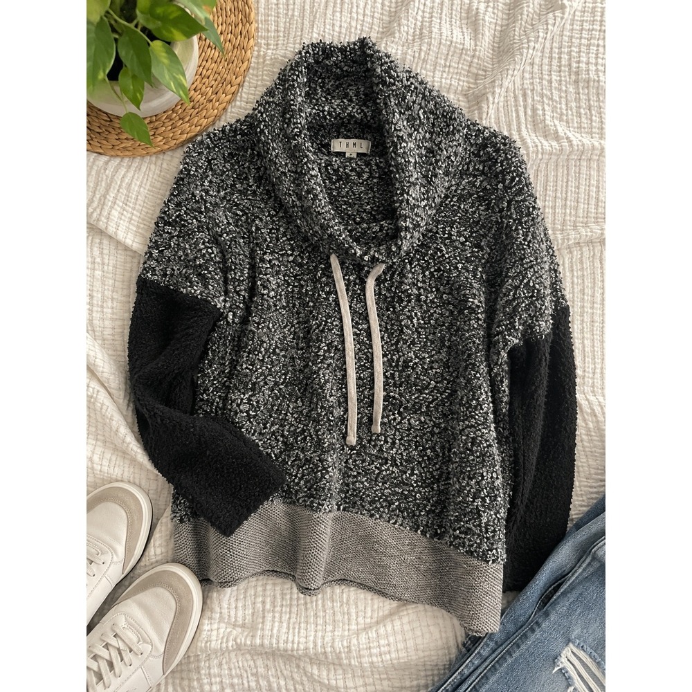 THML Womens Boucle Mixed Media Cowl Neck Sweater Charcoal Grey JH393 Size M